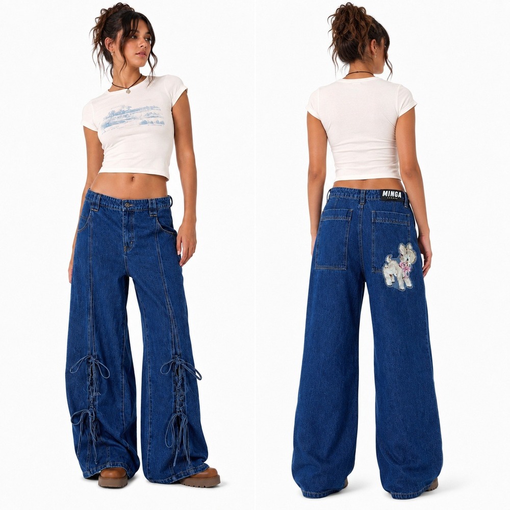 Minga London Lamb Patch Lace Up Wide Leg Jeans Blue Cottagecore Kitsch Size 28